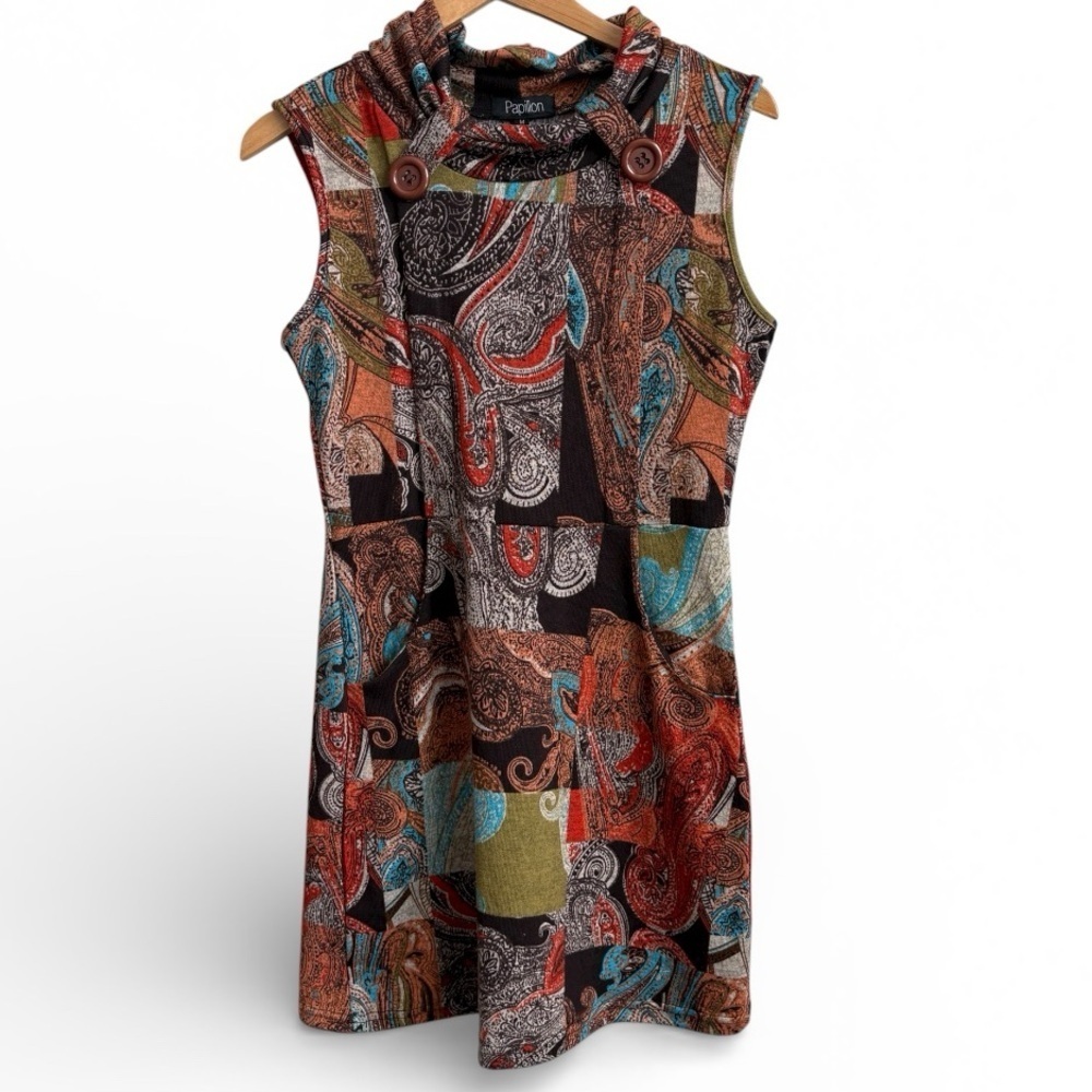 Papillon Paisley Patchwork Boho Cowl Neck Sleeveless Sweater Dress Medium